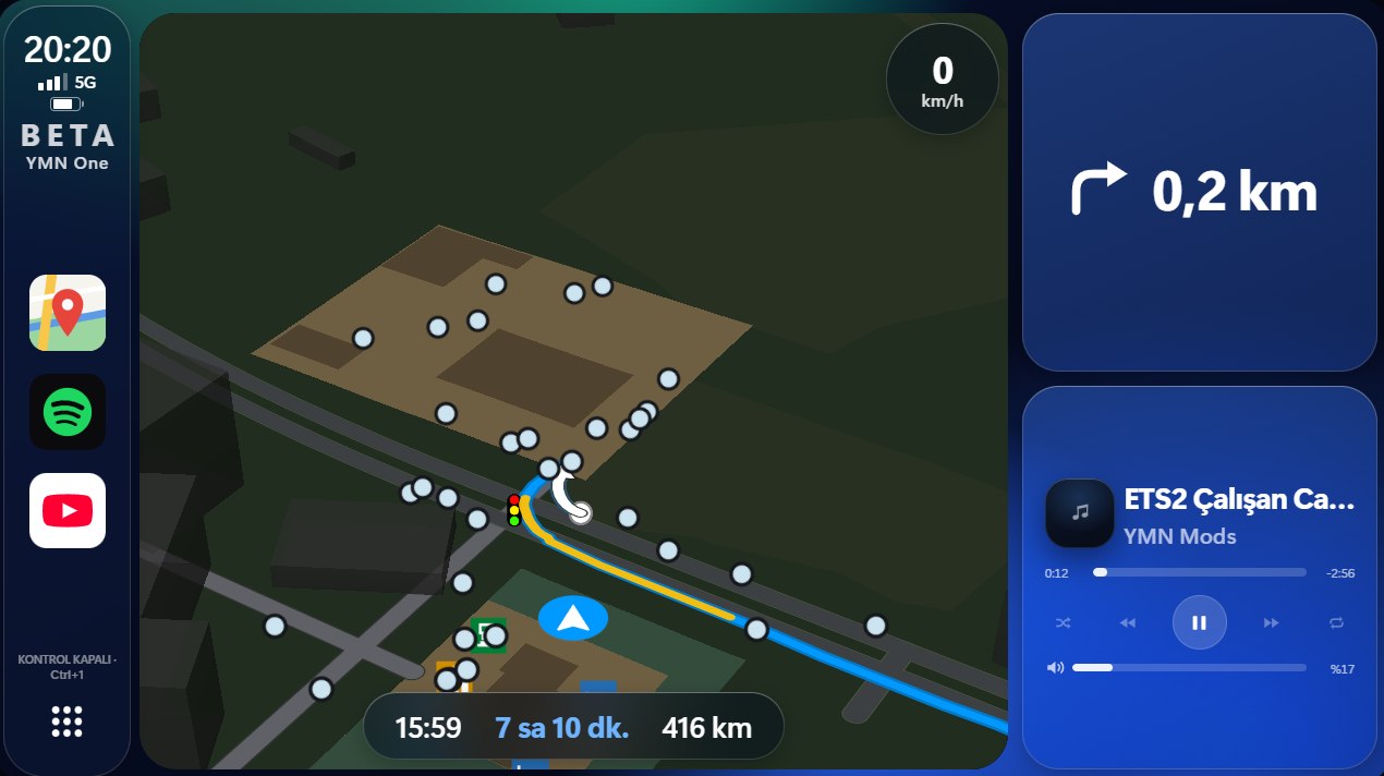 The YMN One home screen: a route, the next turn and a video playing