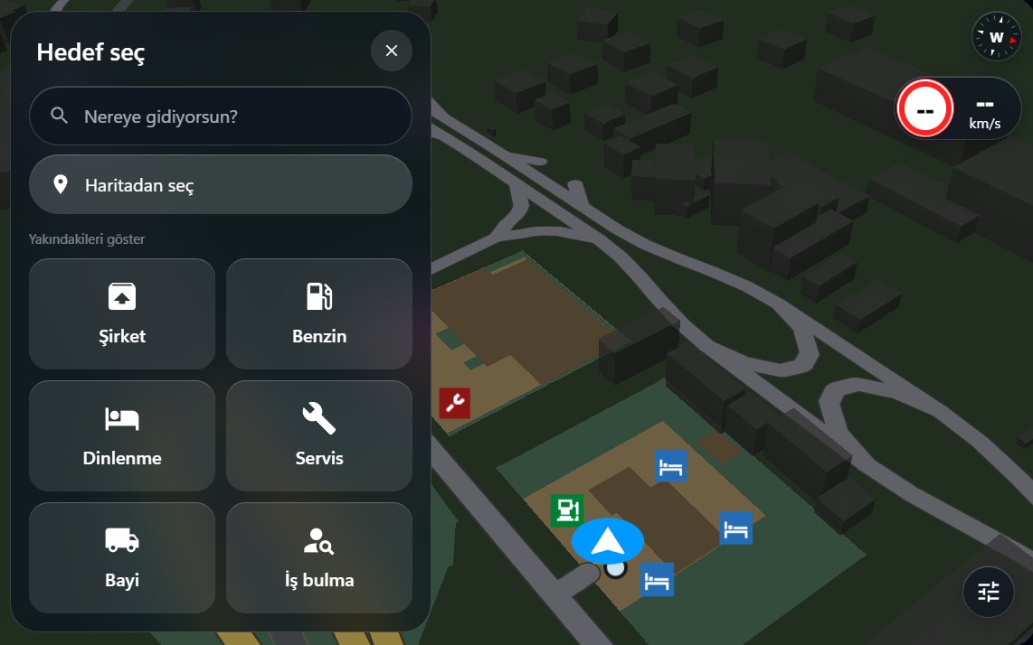 The Choose destination panel: search, choose on map and six categories