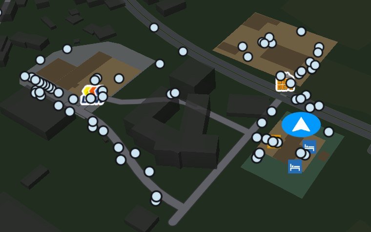 The map on a TruckersMP server: many players as white dots on the road and at the depots
