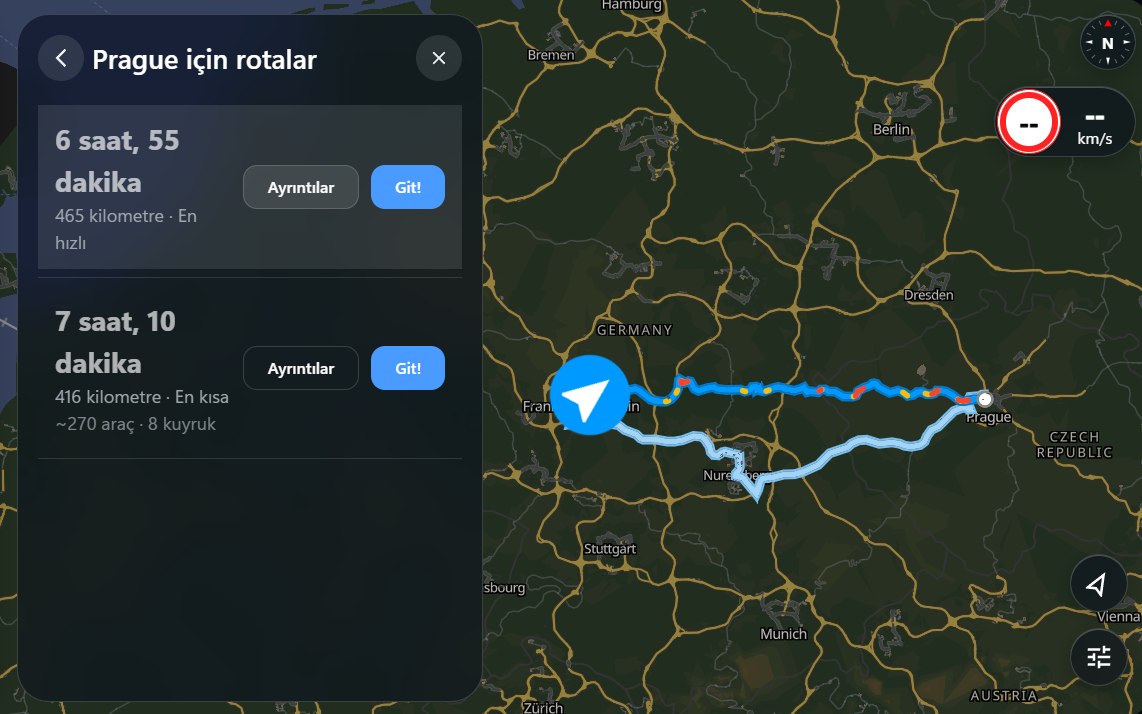 Two routes to Prague, the fastest and the shortest, with traffic on the road
