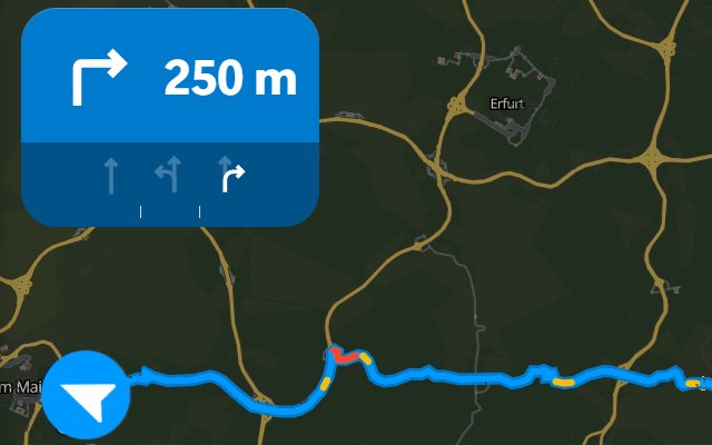 Next turn: right in 250 meters, with lane arrows