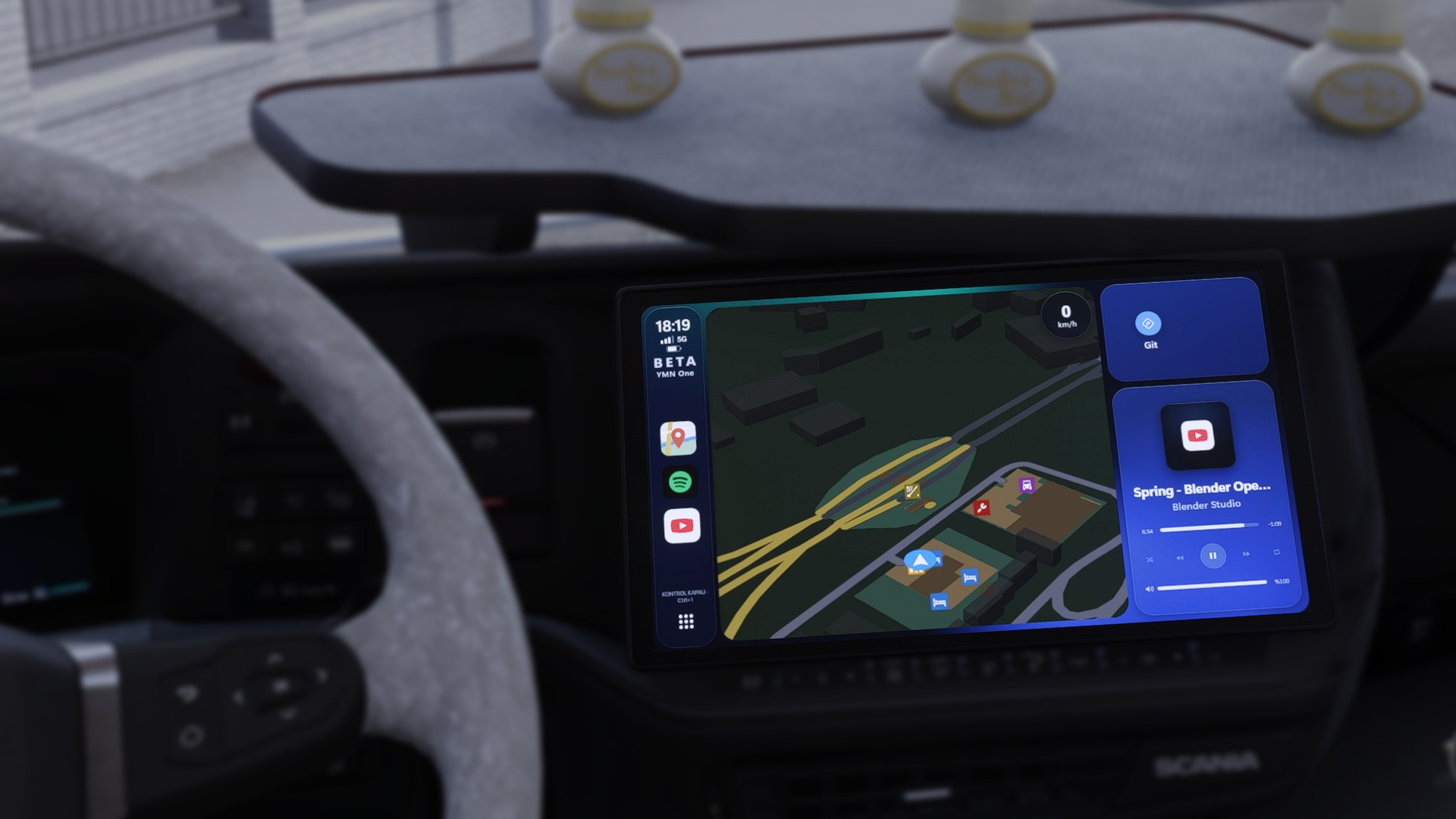 In the game, the YMN One home screen on the truck's screen: the map, apps and music playing