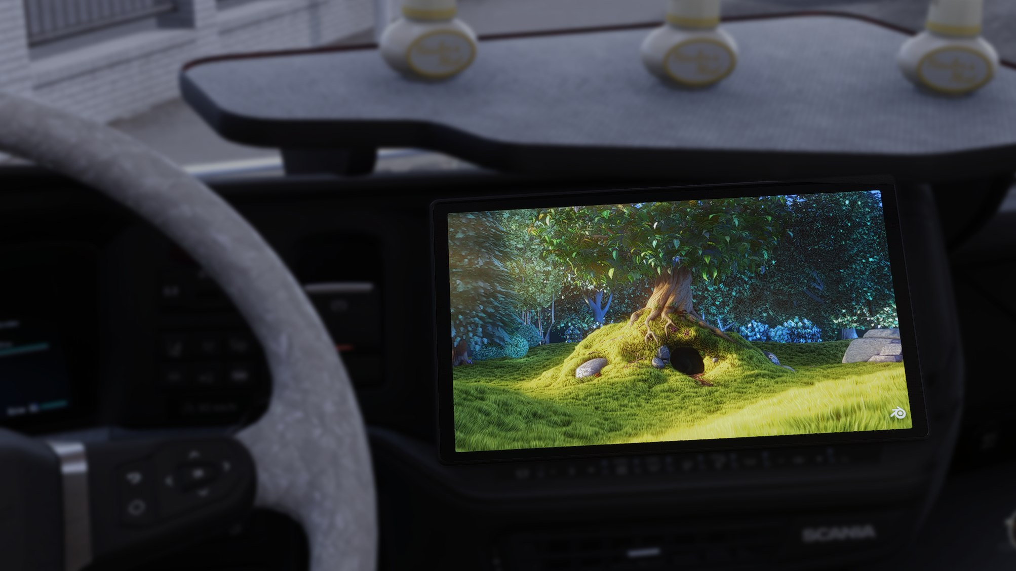 In the game, a 4K film on the truck's screen: a lush green meadow and a big tree, in vivid color